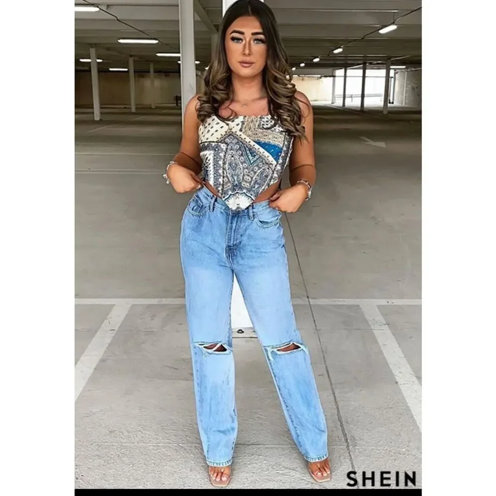 SHEIN Silk Paisley Print Scarf Tie Back Bandana Satin Top - Picture 8 of 8